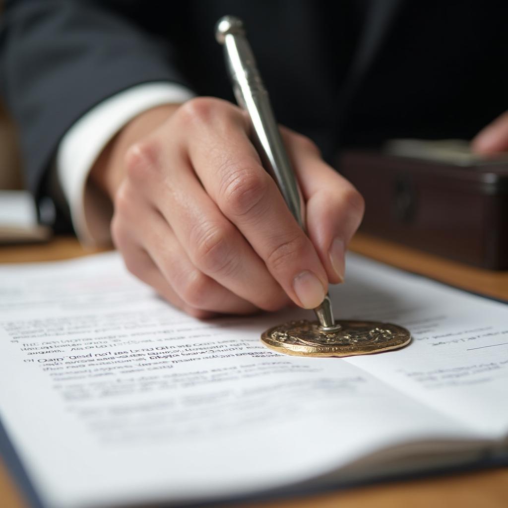 Notary lawyer stamping a legal document.